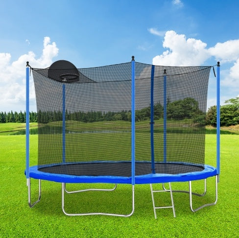 12FT Trampoline For Adults Kids With Basketball Hoop, Outdoor Trampolines W Ladder And Safety Enclosure Net For Kids And Adults