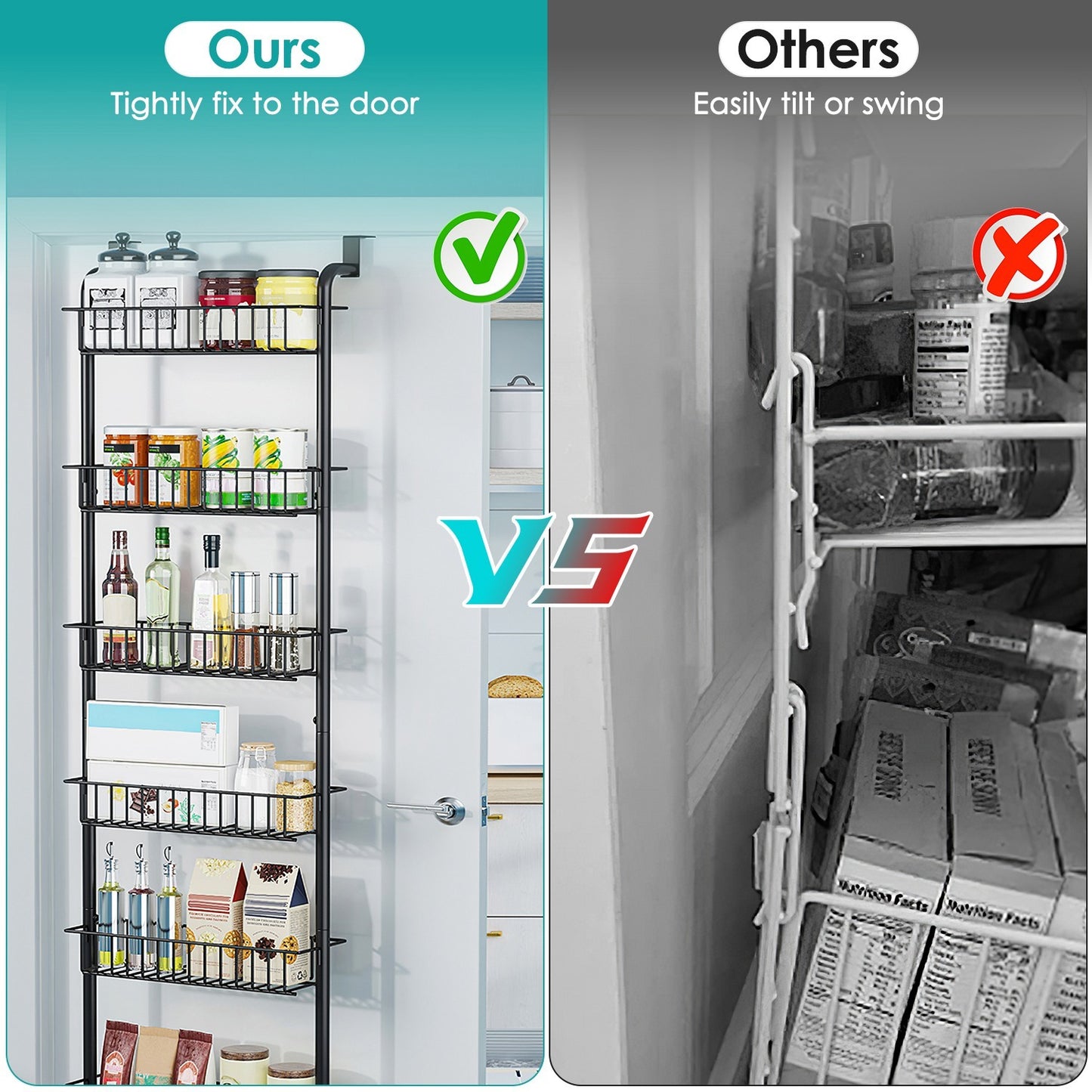 1Pc 6 Tier Over Door Pantry Organizer Hanging Hooks Door Storage Rack Carbon Steel Basket 62.99in Over Door Shelf For Kitchen Bathroom