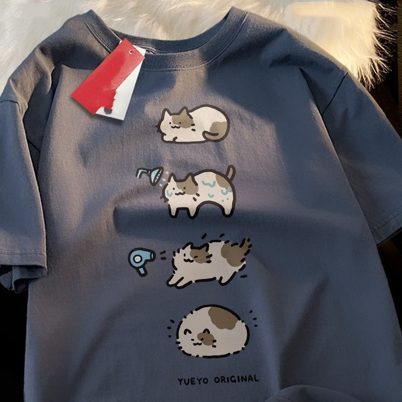 Bath Cat Cute Cartoon Short Sleeve T-shirt Men's Casual Loose