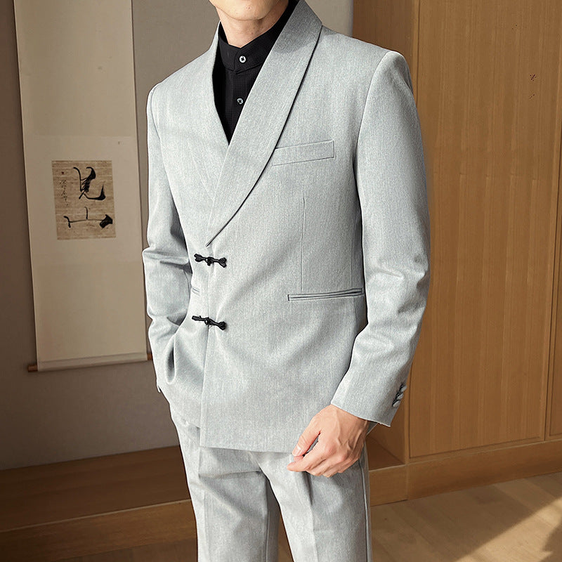 Men's Retro Solid Color Green Collar Suit Two-piece Set