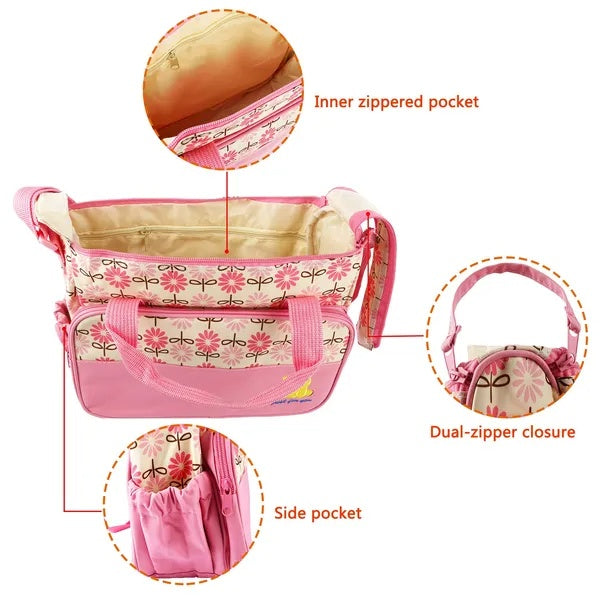 5PCS Baby Nappy Diaper Bags Set Mummy Diaper Shoulder Bags W Nappy Changing Pad Insulated Pockets Travel Tote Bags