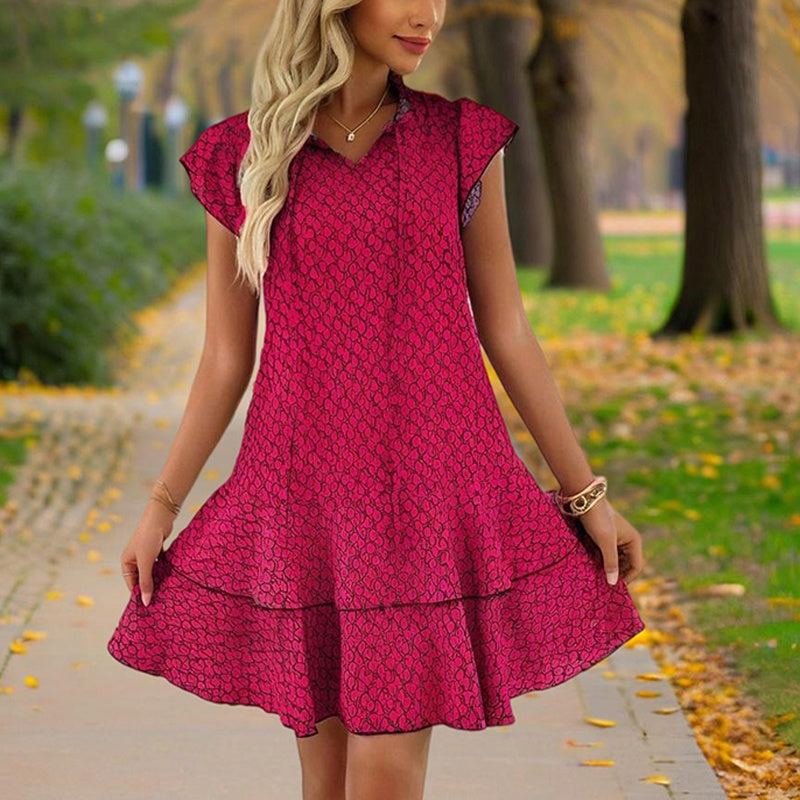 Women's Solid Color Print V-Neck Short Sleeve Dress - Summer Comfort Lace Trim Dress With Tie Detail