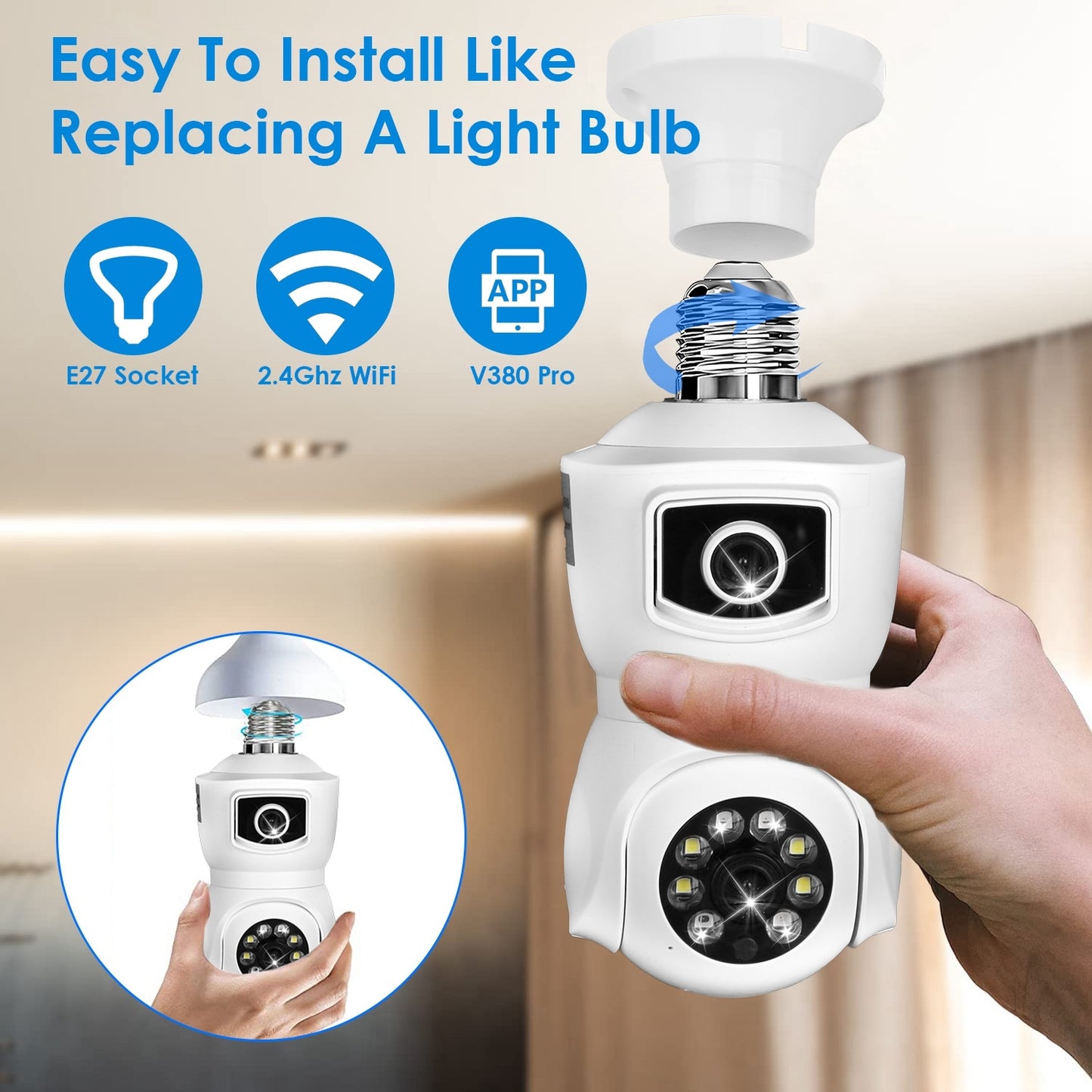 1Pc Dual Lens Security Camera E27 Light Socket Surveillance Camera 1080P WiFi IP Camera With APP Control AI Human Detection Full Color Night Vision Two-Way Audio