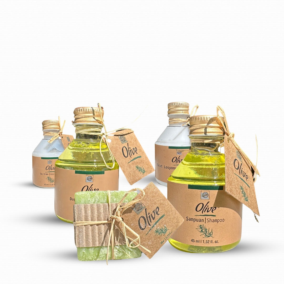 Roomsium Olive 125 Piece Travel Size Toiletries Kit Olive Blossom Scented Perfect For Vacation Rentals, Hotels, SPA