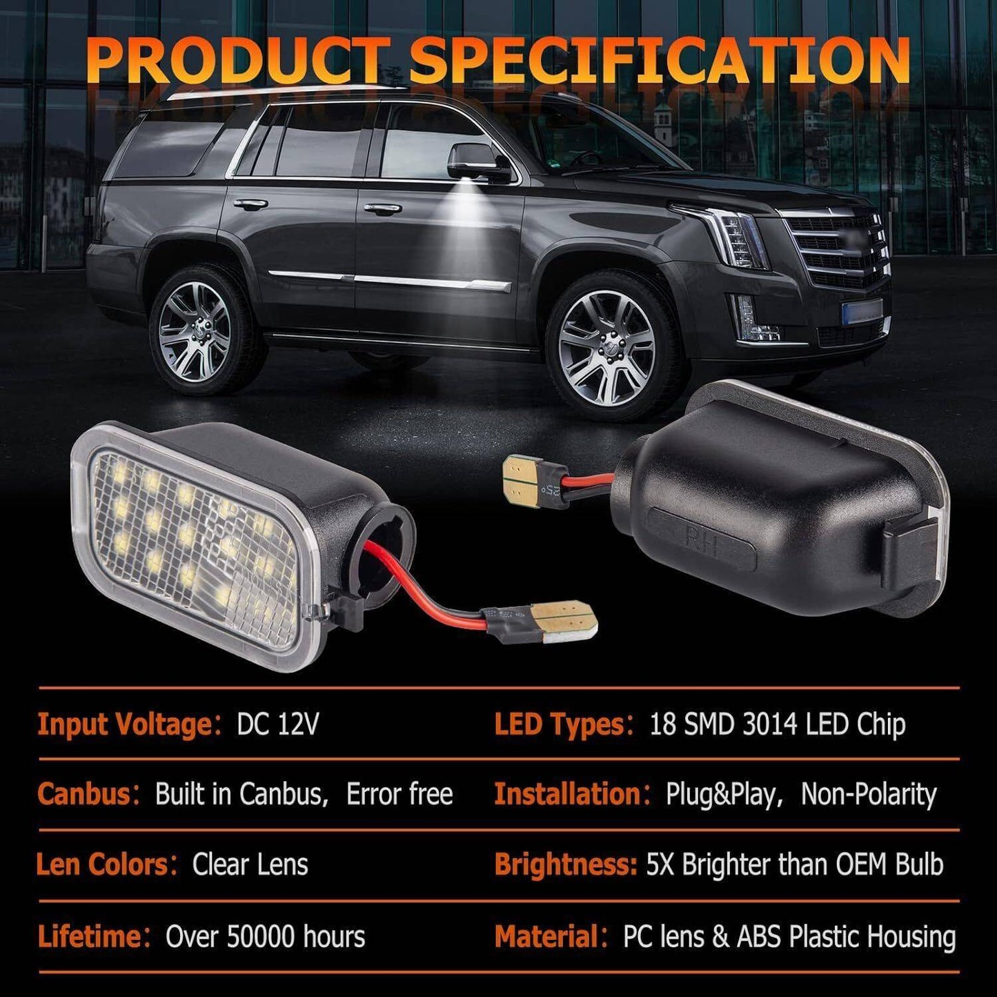 2X LED Side Mirror Puddle Lights For 07-14 Yukon Sierra Tahoe Avalanche Escalade