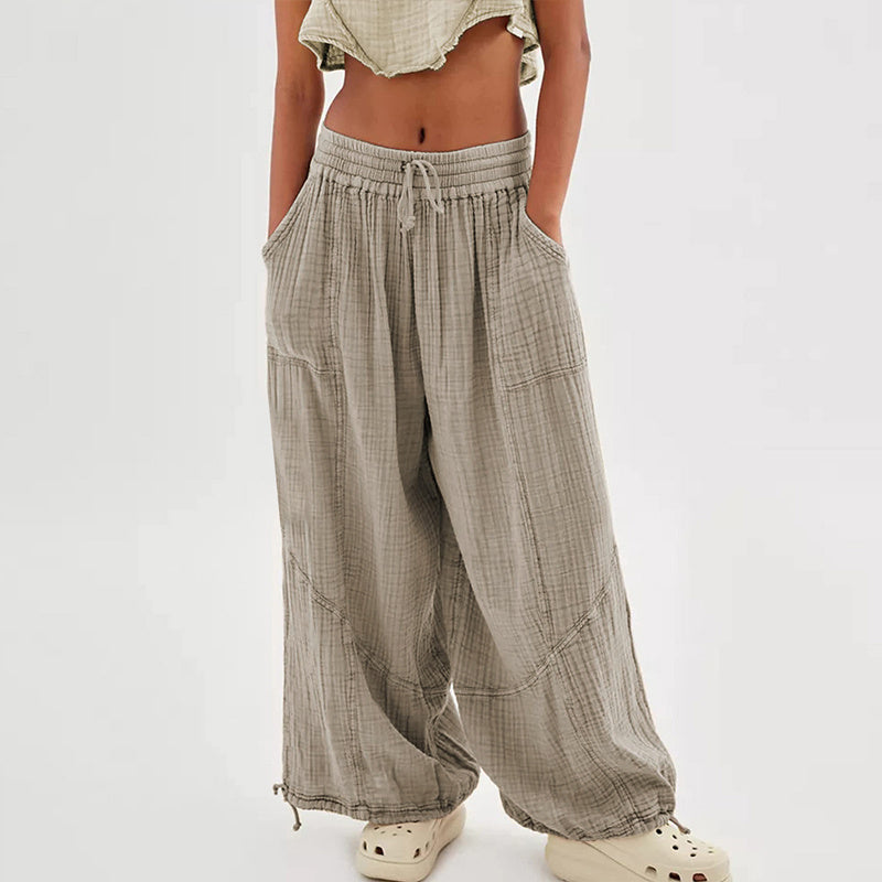 Women's Solid-color Wide-leg Pants With Elastic Drawstring Waist Elasticized Leg Cuffs Side Pockets For Spring&Fall Fashionable Simple Wear