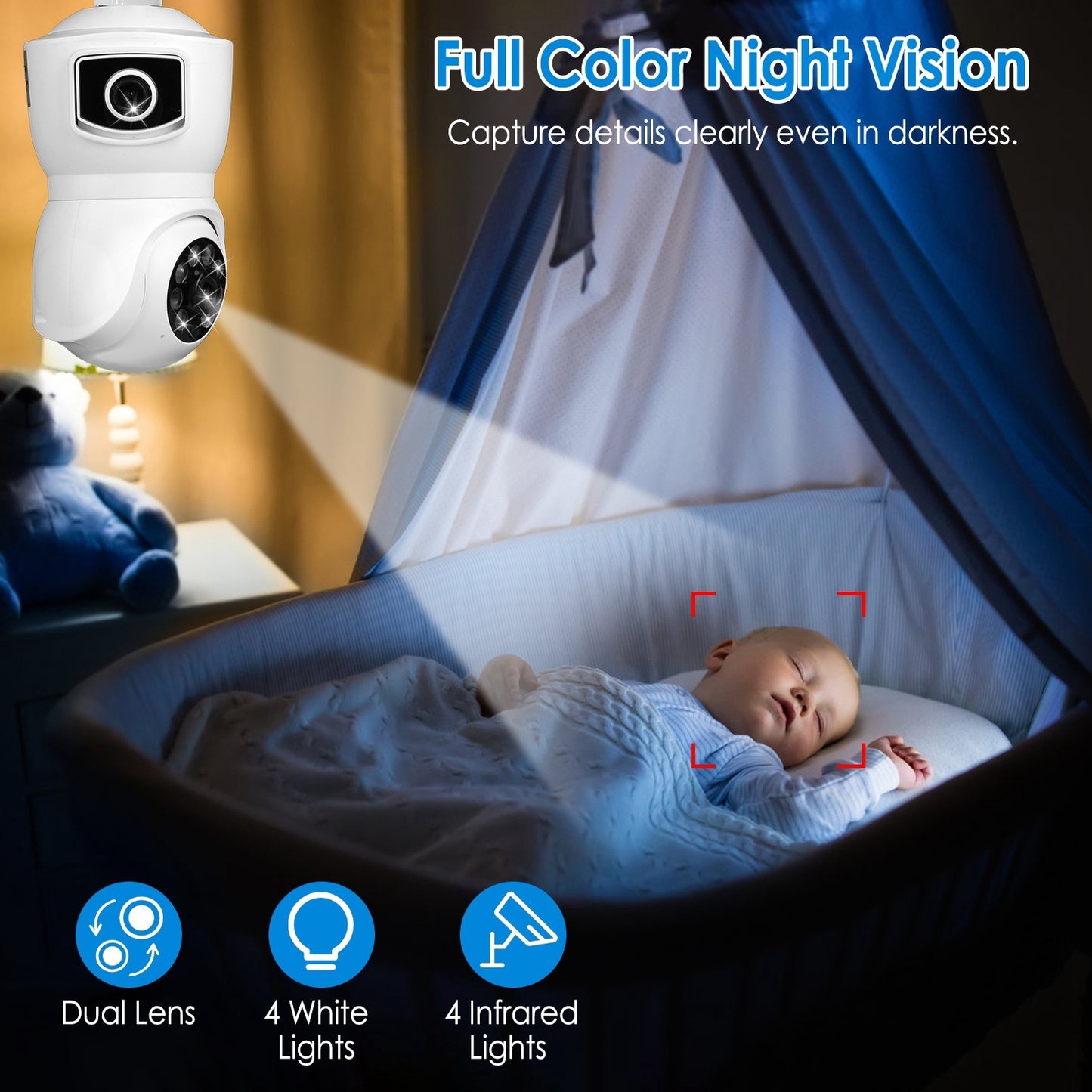 1Pc Dual Lens Security Camera E27 Light Socket Surveillance Camera 1080P WiFi IP Camera With APP Control AI Human Detection Full Color Night Vision Two-Way Audio