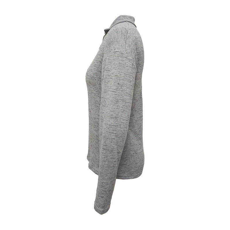 Women's Solid Color Knit Zip-Up Collar Long Sleeve Top - Casual Fashion Blouse For Spring&Fall