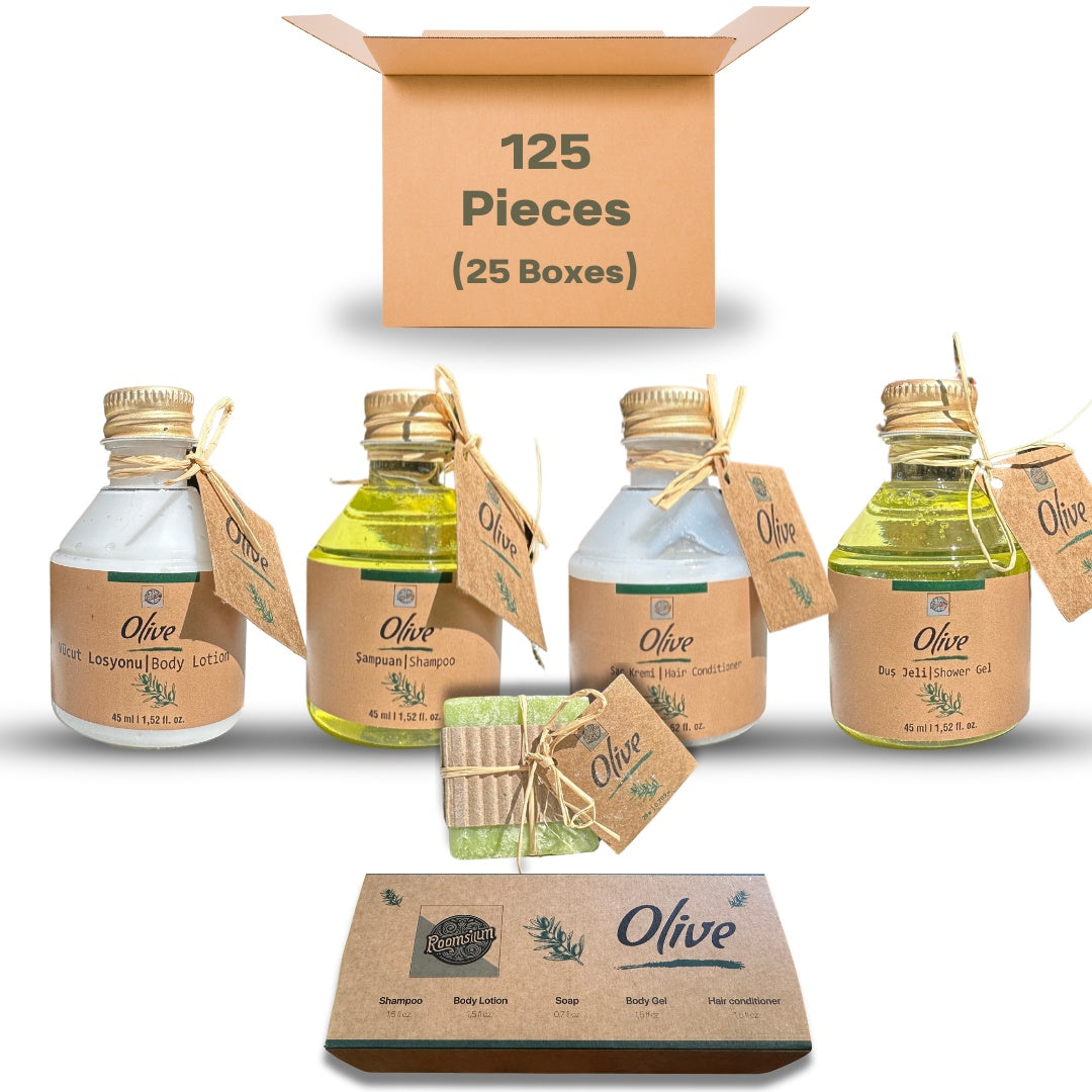 Roomsium Olive 125 Piece Travel Size Toiletries Kit Olive Blossom Scented Perfect For Vacation Rentals, Hotels, SPA