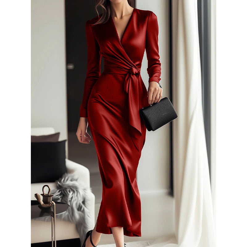 Women's Burgundy Satin Midi Dress Elegant V-Neck Long Sleeve Bodycon Dress With Belted Waist