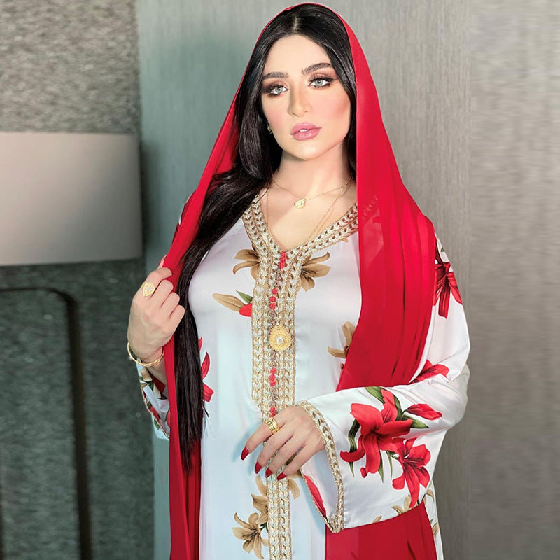 Arabian Women's Printed Dress Lace Webbing