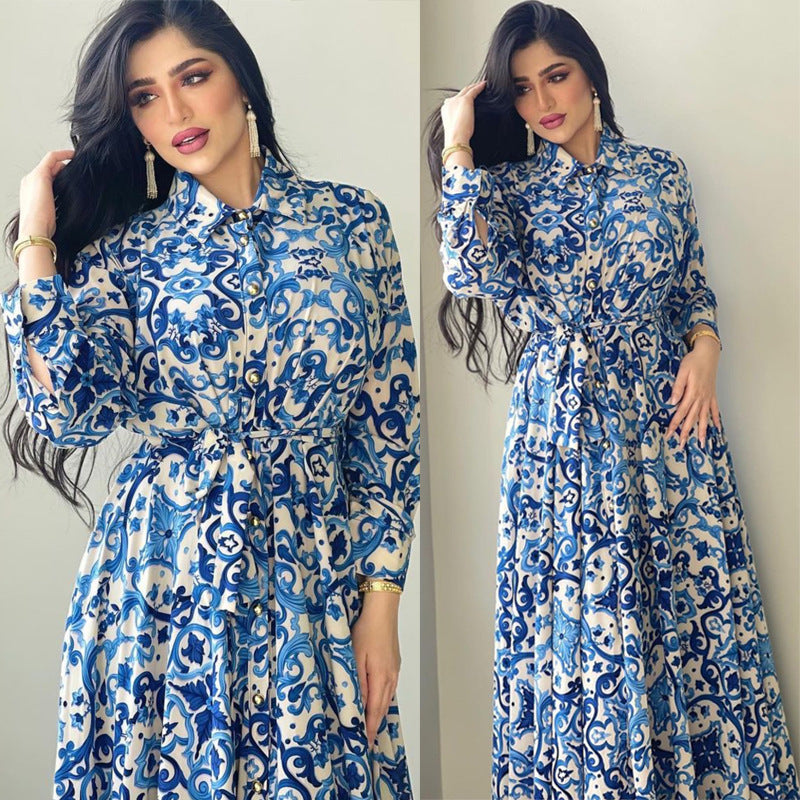 Women's Arabian Blue Printed Long Sleeve Dress