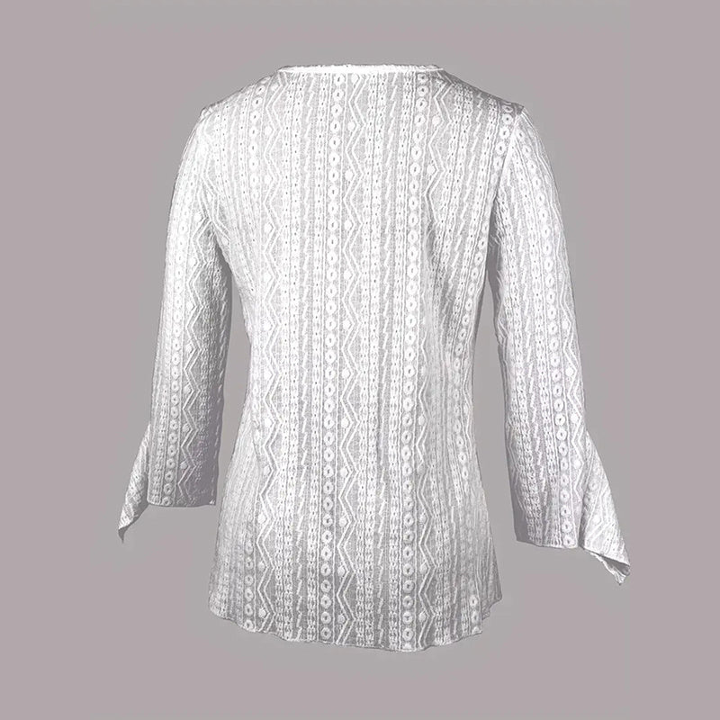 Women's Round Neck Lace Trim Semi-Sheer Blouse-Half Sleeve Hollow Out Top For Spring&Summer