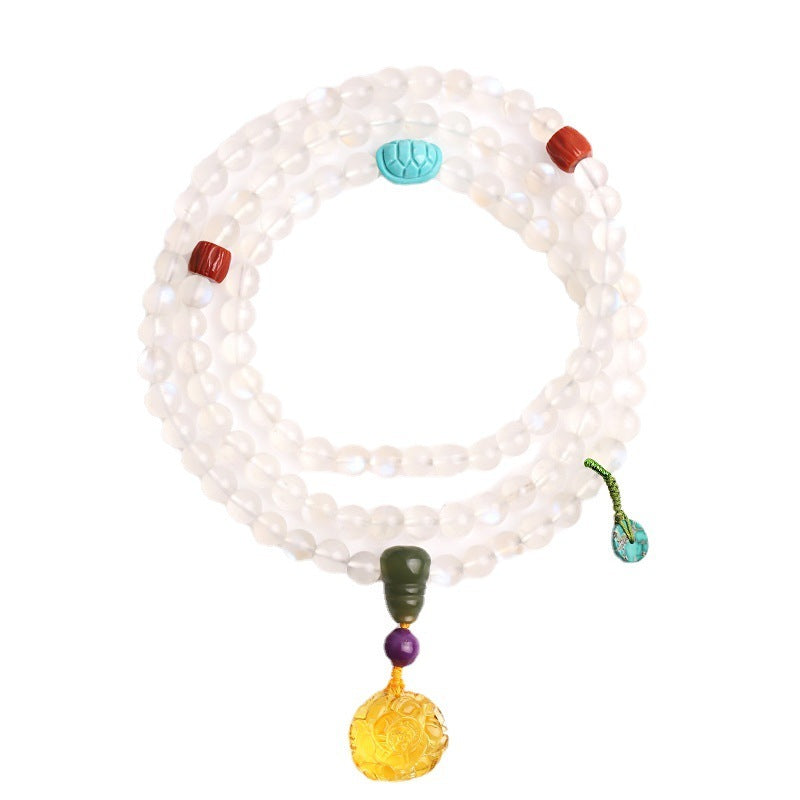 Blue Light Glass Moonstone 108 Prayer Beads Jewelry Women's Beeswax Bracelet