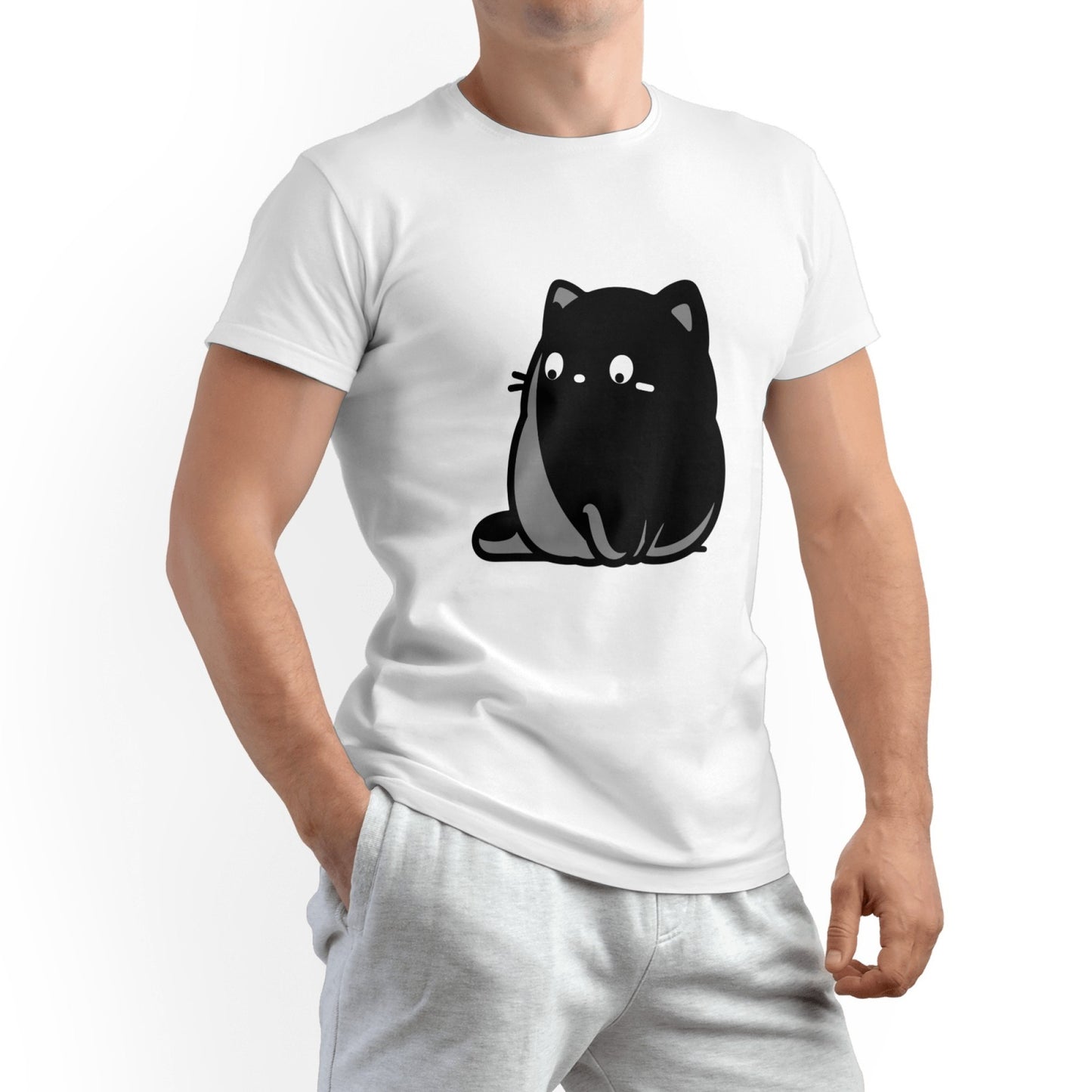 Fat Cat Men's Pure Cotton T-shirt - Casual Round Neck, Slightly Elastic, Suitable For Four Seasons Knitted Fabric, Classic Fit Adult Shirt, Pet Couple Shirt