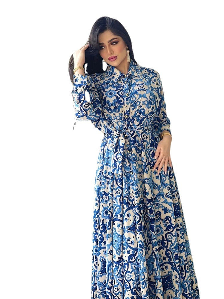 Women's Arabian Blue Printed Long Sleeve Dress