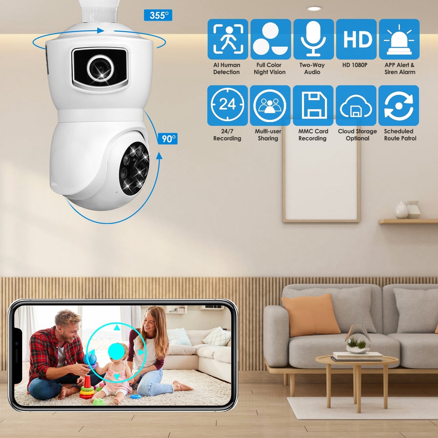 1Pc Dual Lens Security Camera E27 Light Socket Surveillance Camera 1080P WiFi IP Camera With APP Control AI Human Detection Full Color Night Vision Two-Way Audio