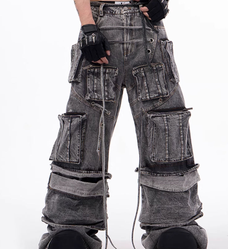 American-style Distressed Overalls Rope Stitching Mop Pants