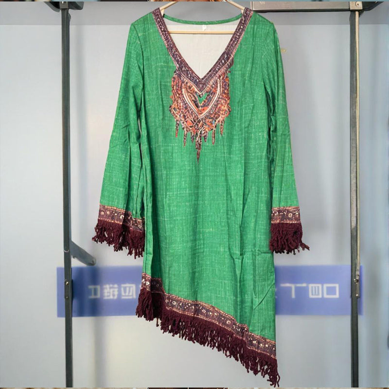 Women's V-Neck Retro Print Long Sleeve With Fringe Detail & Asymmetrical Hem Boho Chic Spring&Summer Dress