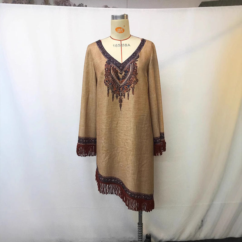 Women's V-Neck Retro Print Long Sleeve With Fringe Detail & Asymmetrical Hem Boho Chic Spring&Summer Dress