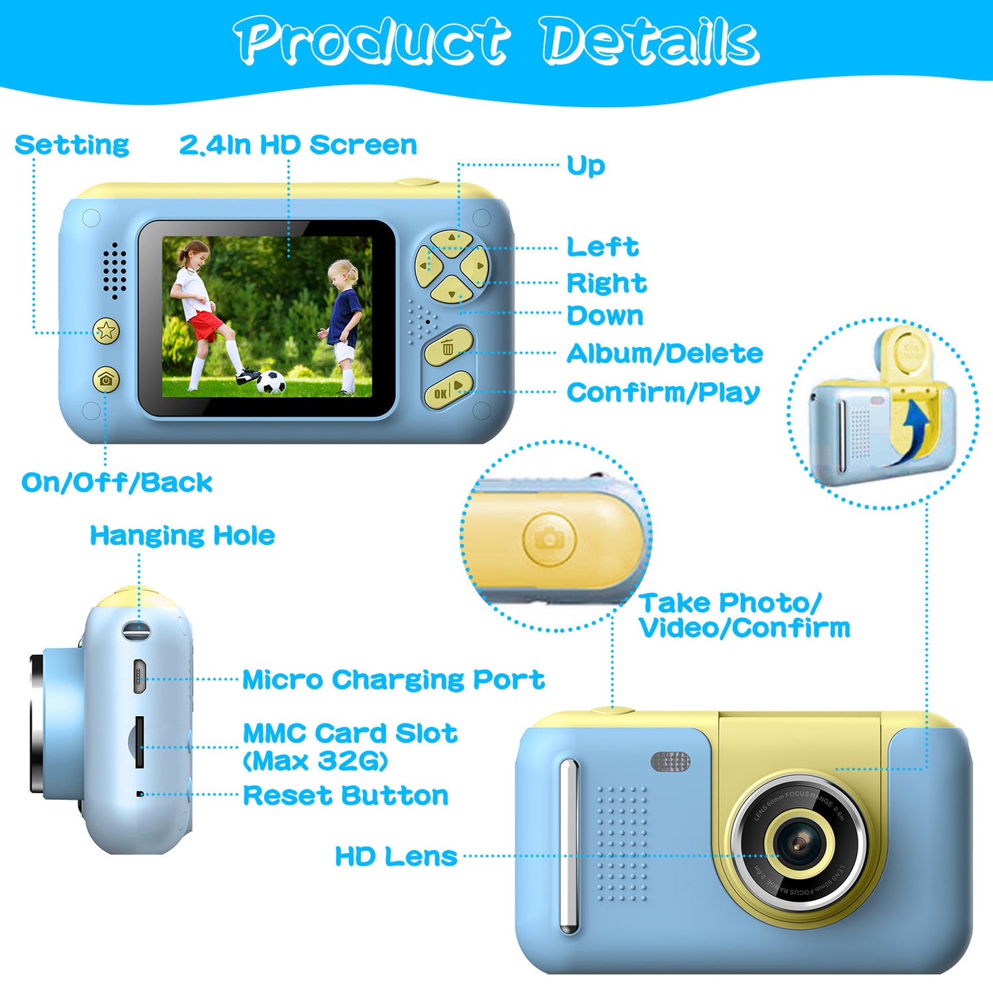 1Pc Kids Digital Camera With Flip Lens Children Video Camcorder Christmas Toy Birthday Gifts With Tripod 2.4in Screen 32G MMC Card For 3-10 Year Old Boys Girls