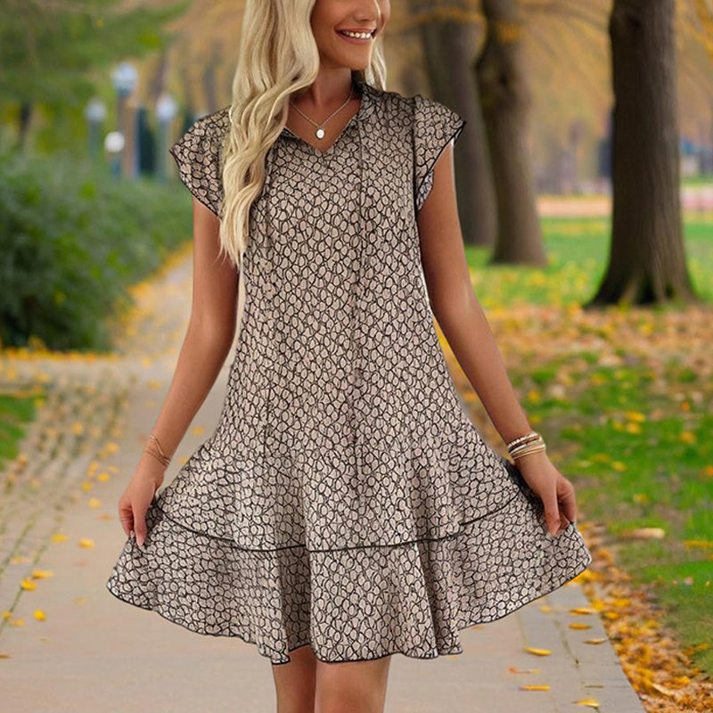 Women's Solid Color Print V-Neck Short Sleeve Dress - Summer Comfort Lace Trim Dress With Tie Detail