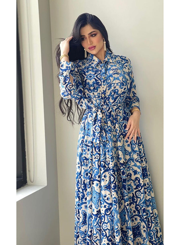 Women's Arabian Blue Printed Long Sleeve Dress