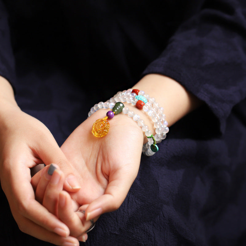 Blue Light Glass Moonstone 108 Prayer Beads Jewelry Women's Beeswax Bracelet