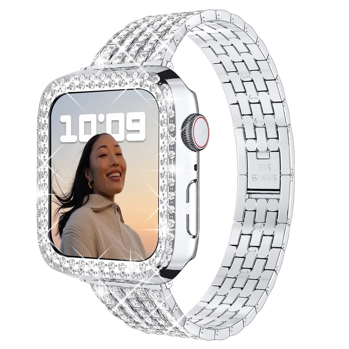 Metal Diamond-encrusted Watchband With Five Beads