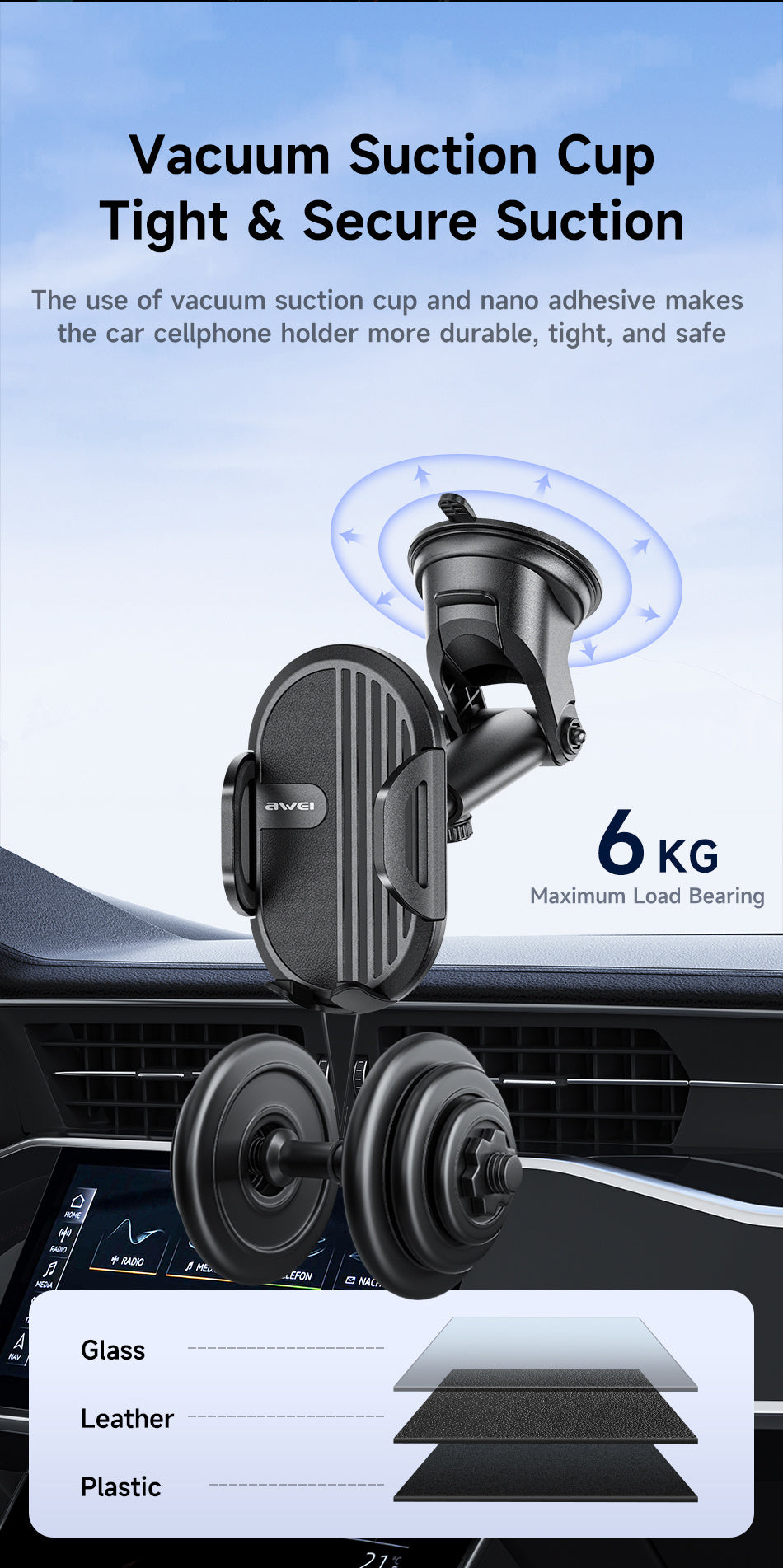 AWEI Suction Cup Type Simple Car Mobile Phone Holder