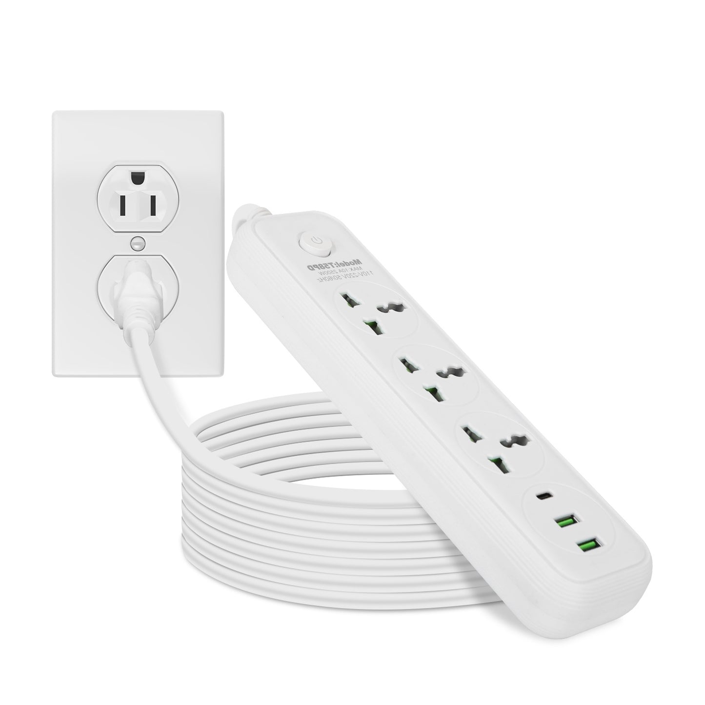 1Pc Power Strip With 6FT Extension Cord 3 AC Outlets And 2 USB A Ports 1 USB C Port 2500W Wall Mount Outlet Extender For Home Office Dorm Travel