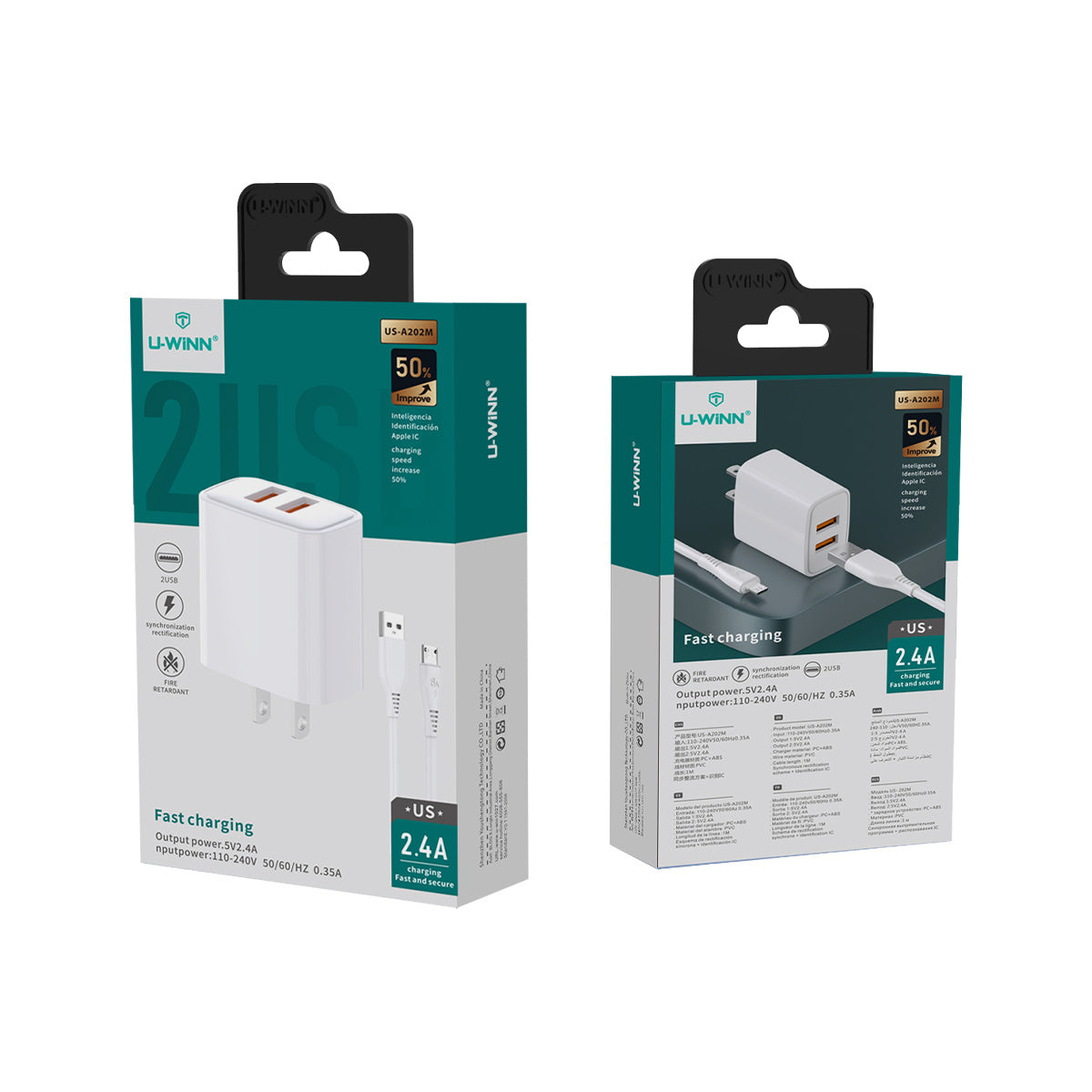 2Pzs Cargador 2 En 1 Salida Dual Con Micro Usb A 2.4A 1M