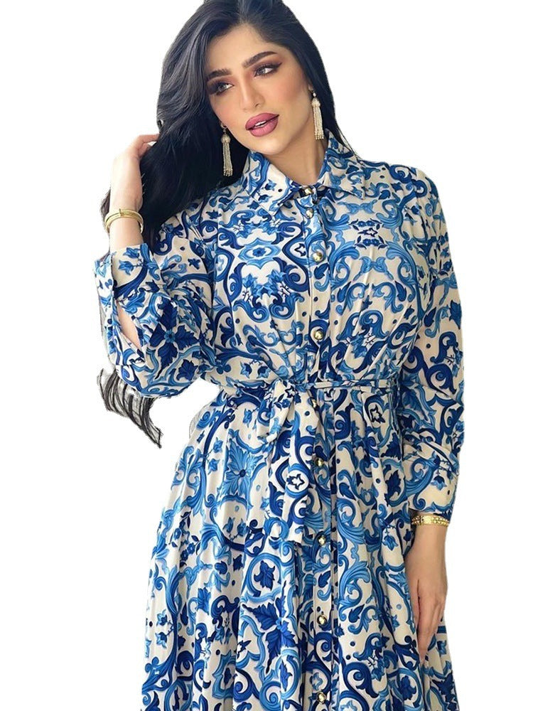 Women's Arabian Blue Printed Long Sleeve Dress