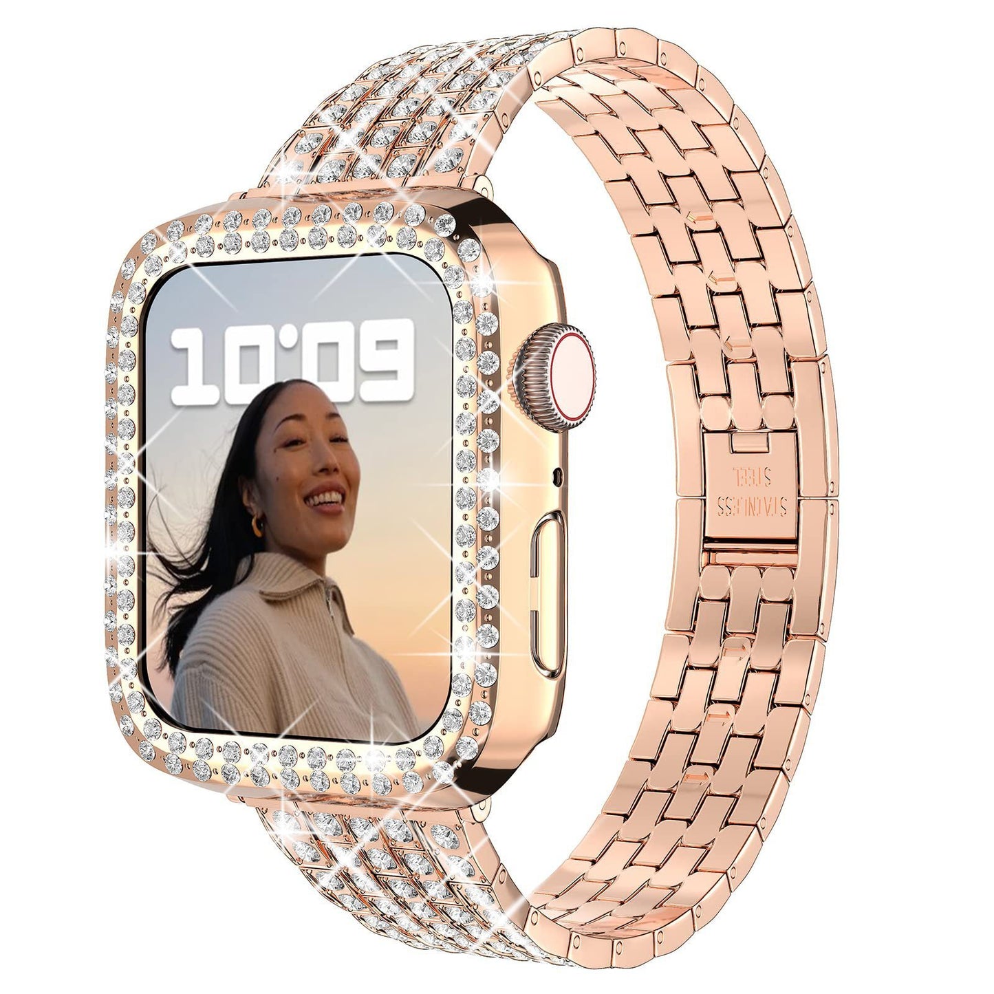 Metal Diamond-encrusted Watchband With Five Beads