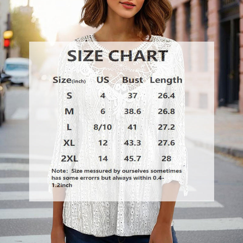 Women's Round Neck Lace Trim Semi-Sheer Blouse-Half Sleeve Hollow Out Top For Spring&Summer