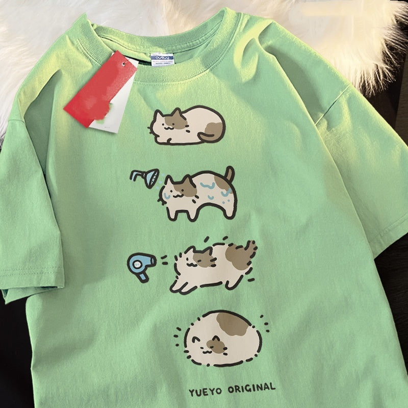Bath Cat Cute Cartoon Short Sleeve T-shirt Men's Casual Loose