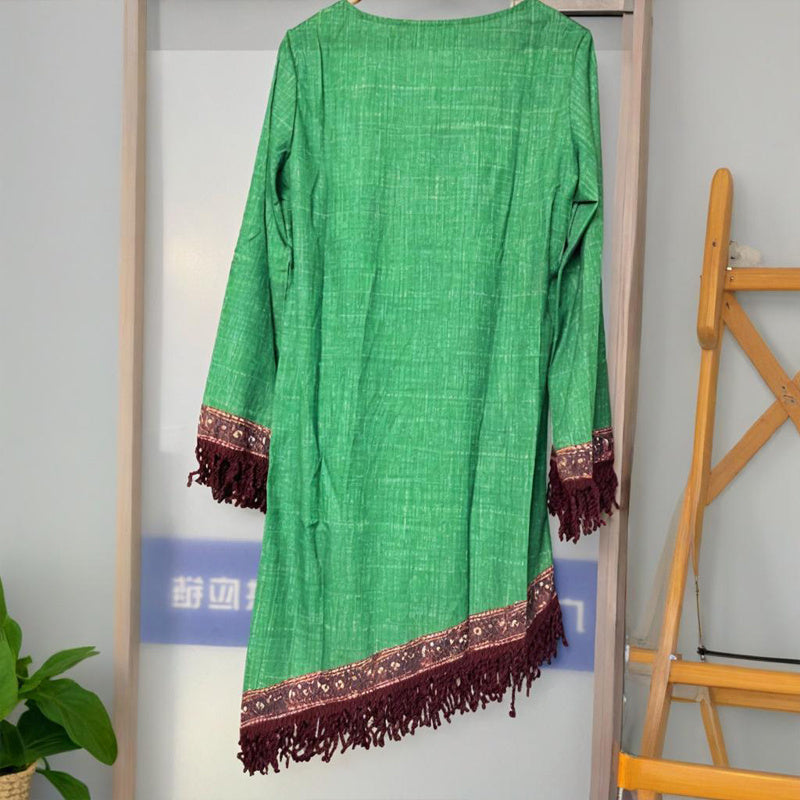 Women's V-Neck Retro Print Long Sleeve With Fringe Detail & Asymmetrical Hem Boho Chic Spring&Summer Dress