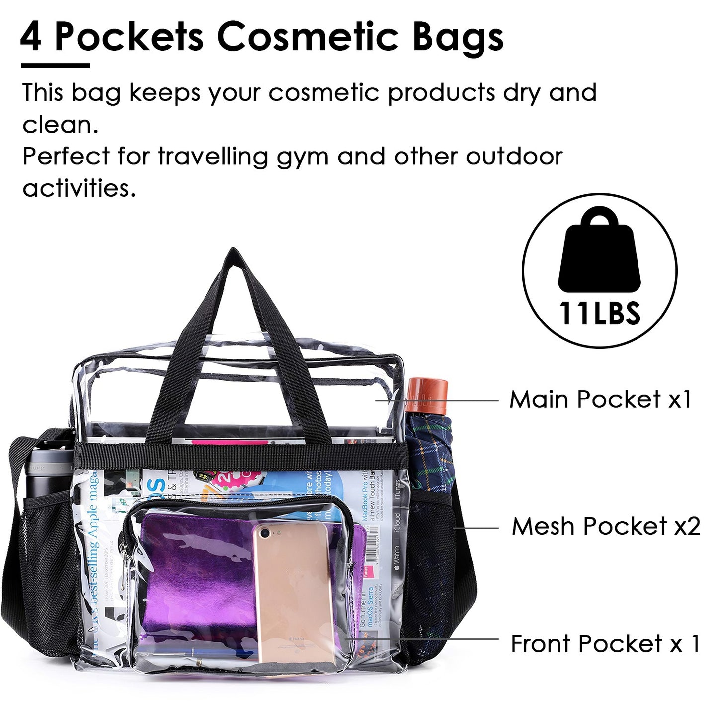 1Pc Clear Crossbody Bag Stadium Approved Clear Transparent Shoulder Bag See Through Zip Pouch Tote Bag Handbag With 11LBS Load
