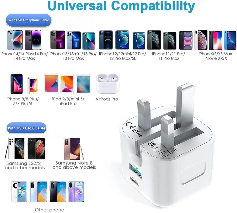 For Phone 16 15 14 Pro Max 16 Plus Fast 20W USB-C PD Plug Charger Adapter Cable