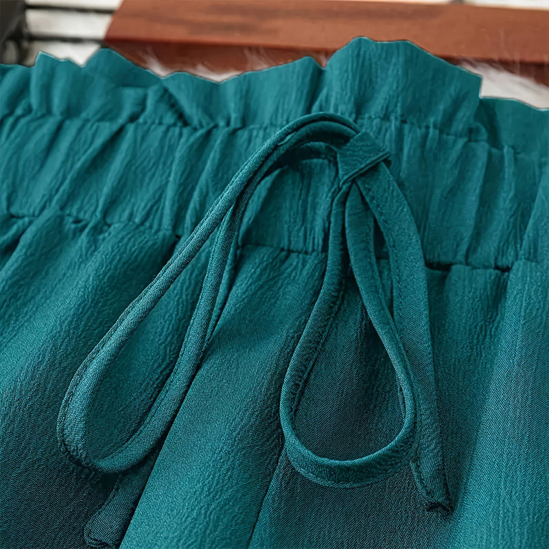 Plus Size Women's Solid Color Wide Leg Pants With Elastic Drawstring Waist - Flowy Casual For Spring&Summer