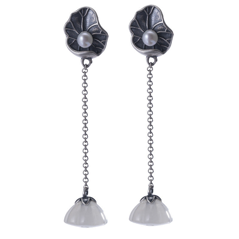 Lotus Leaf Pearl Hetian Jade Lotus Seedpod Earrings Female S925 Silver