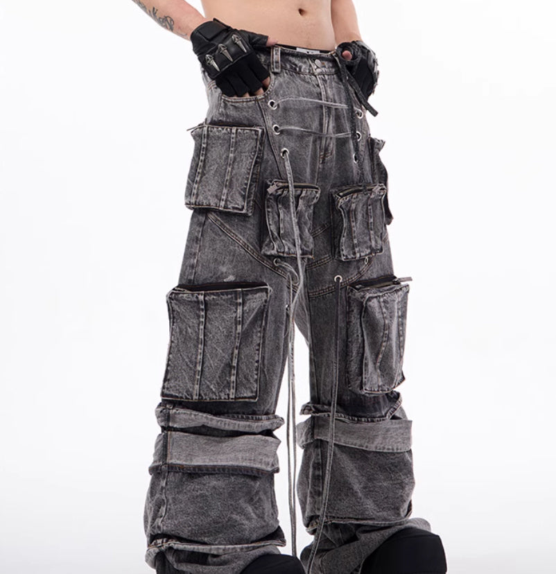 American-style Distressed Overalls Rope Stitching Mop Pants