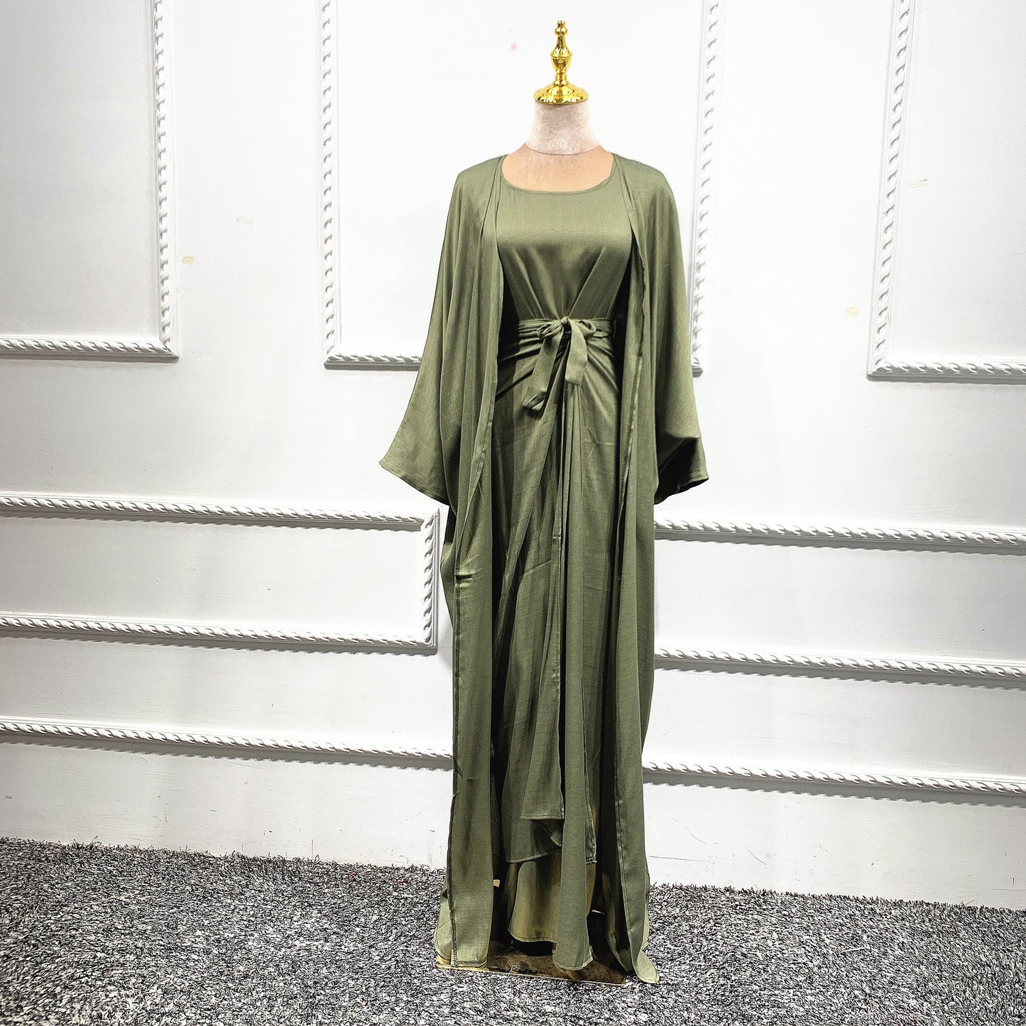 Muslim Women's Wear Gown Cardigan Robe Solid Color Three-piece Set