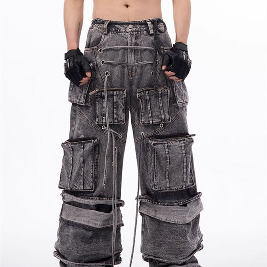 American-style Distressed Overalls Rope Stitching Mop Pants