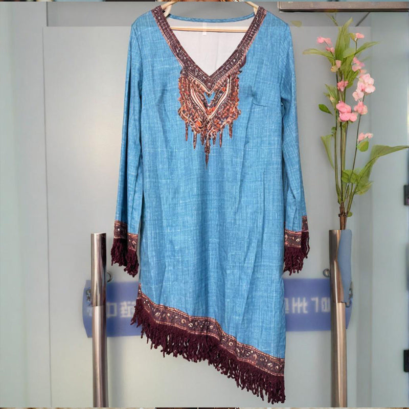 Women's V-Neck Retro Print Long Sleeve With Fringe Detail & Asymmetrical Hem Boho Chic Spring&Summer Dress