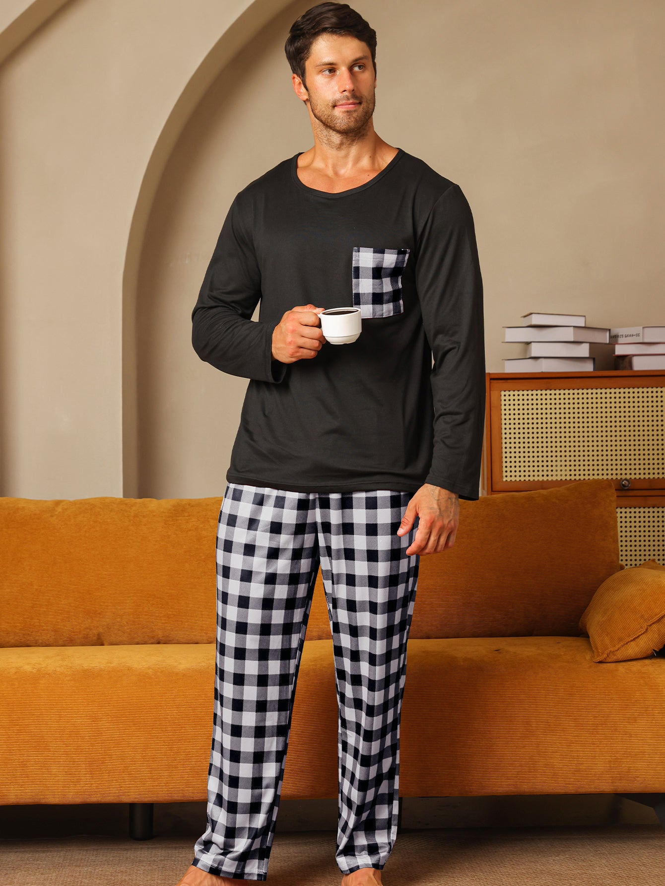 Polyester Long Sleeve Trousers Men's Pajama Set