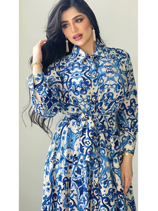 Women's Arabian Blue Printed Long Sleeve Dress