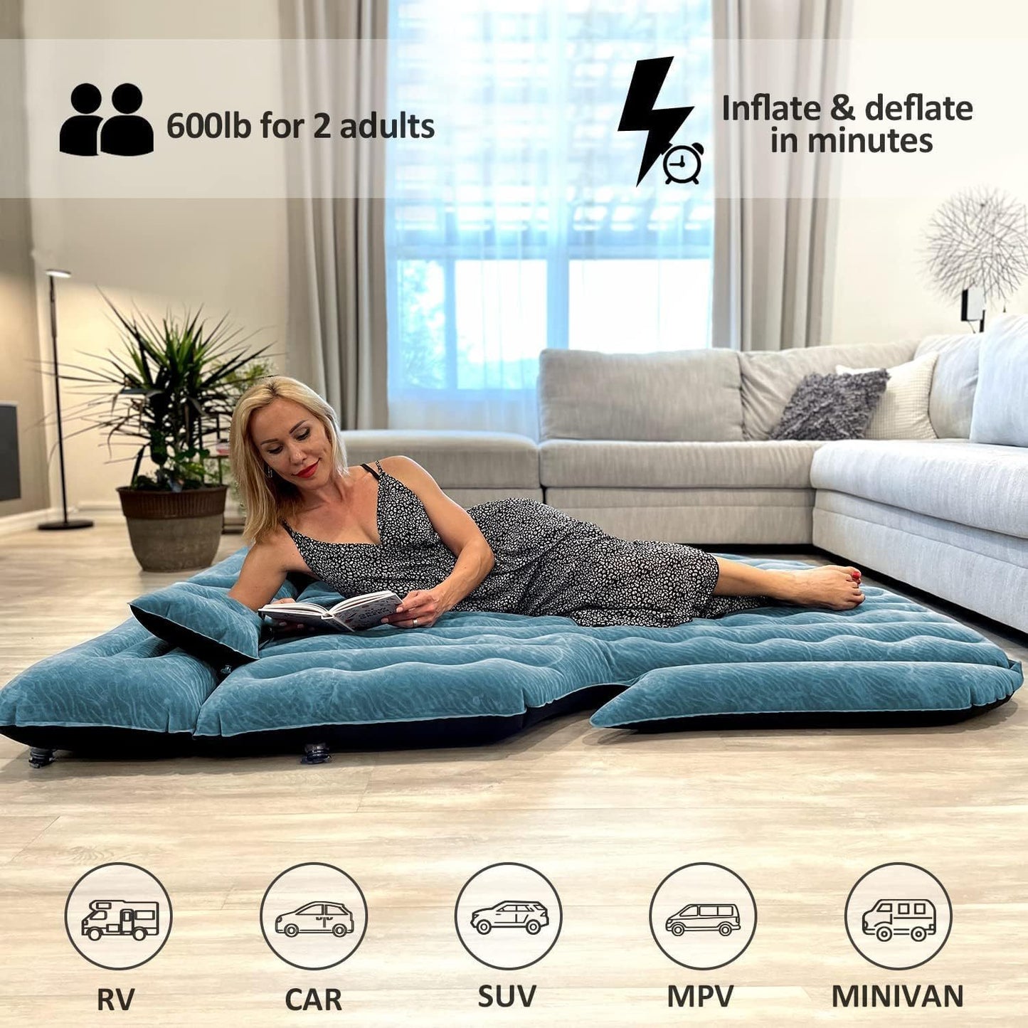Car Air Mattress For Full Size SUV, Upgraded Flocked Surface, Durable 210T Bottom Van Camping Bed, Quick Inflation Sleeping Airbed For SUV Back Trunk
