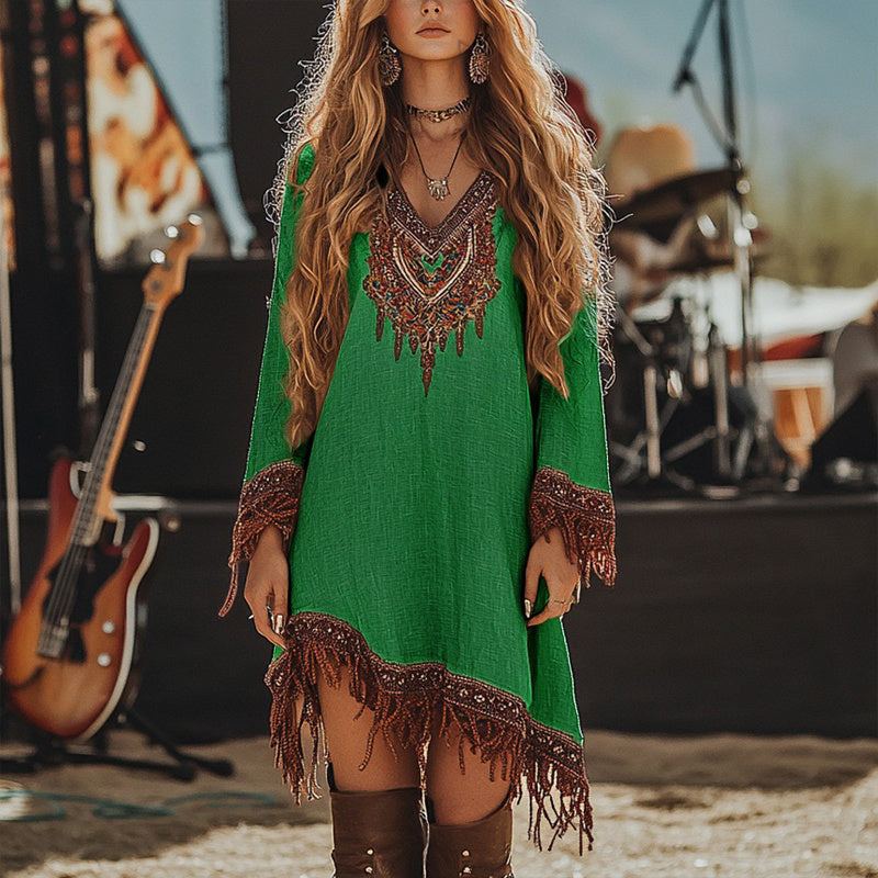 Women's V-Neck Retro Print Long Sleeve With Fringe Detail & Asymmetrical Hem Boho Chic Spring&Summer Dress