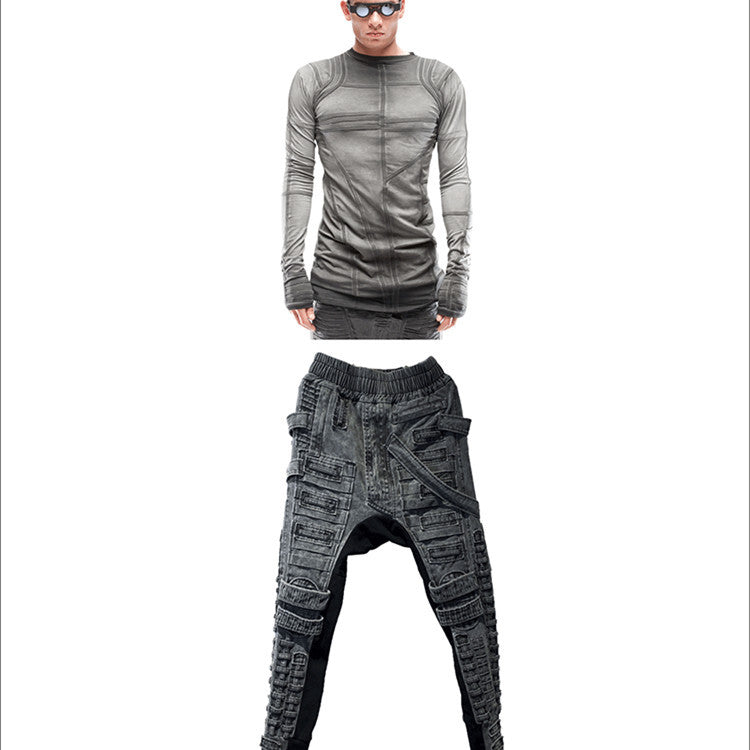Waste Soil Geometric Layering Deconstruction Asymmetric Dirty Dyed Tie-dyed Slim-fit Cotton Long-sleeved T-shirt